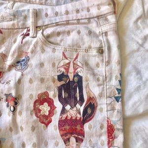 MOTHER Fairytale Bunny/Fox PRINT white jean w gold